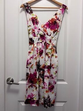 Zara Cotton White Midi Dress with Pink, Orange and Green Floral Print